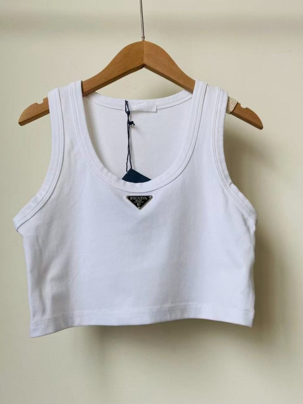 Prada White U-Neck Cropped Tank Top Triangle Metal Logo Sleeveless Vest